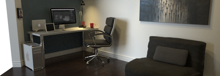 A render of a home office with blue walls, ebony stained wood floors, and a white desk