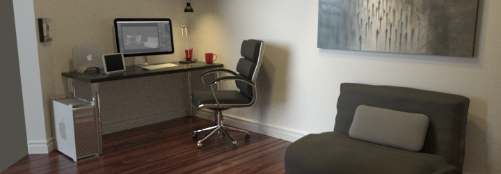 A render of a home office with white walls, mahogany stained wood floors, and a black desk